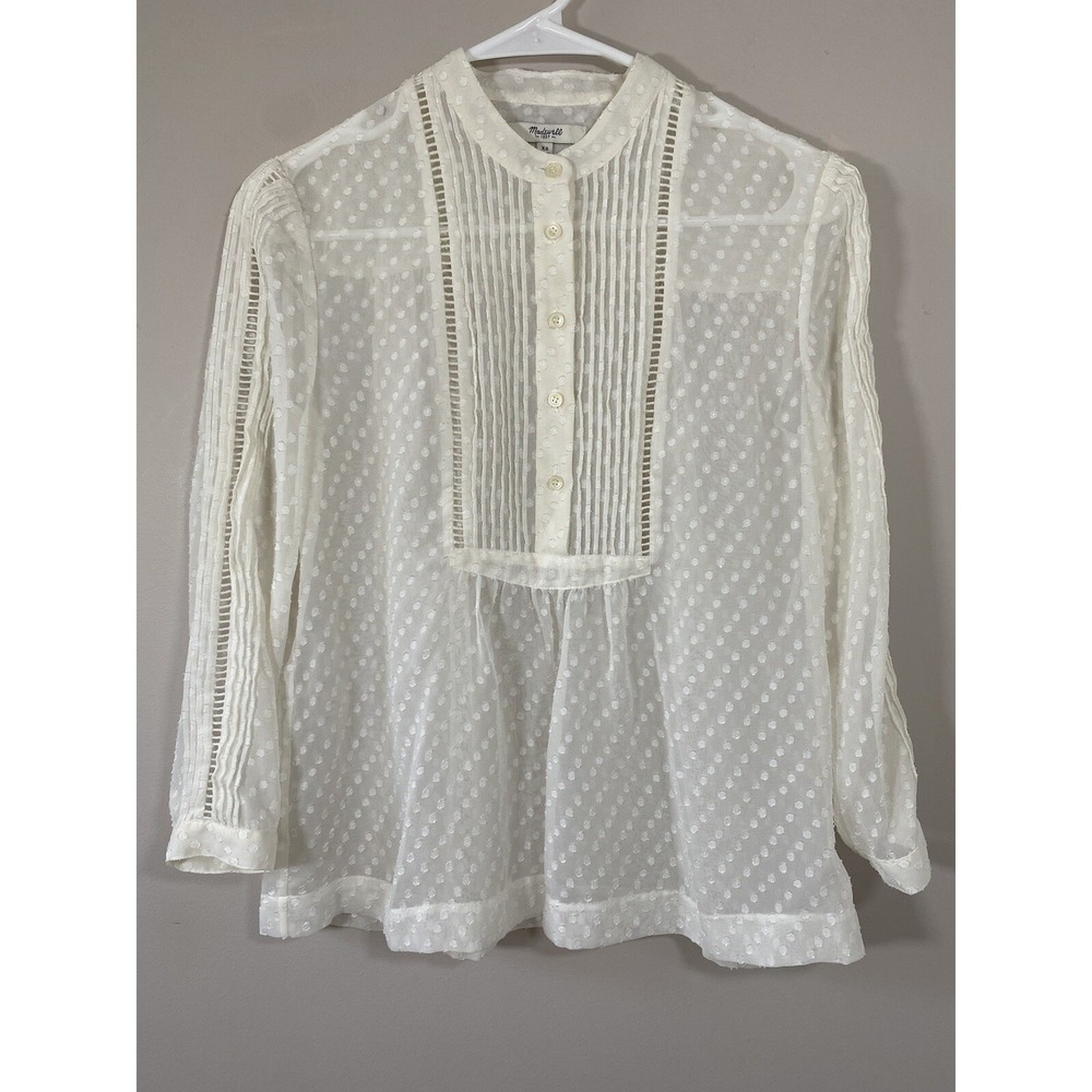 Madewell White Clip Dot Pintuck Blouse Sheer Lace Inset Band Collar Top XS